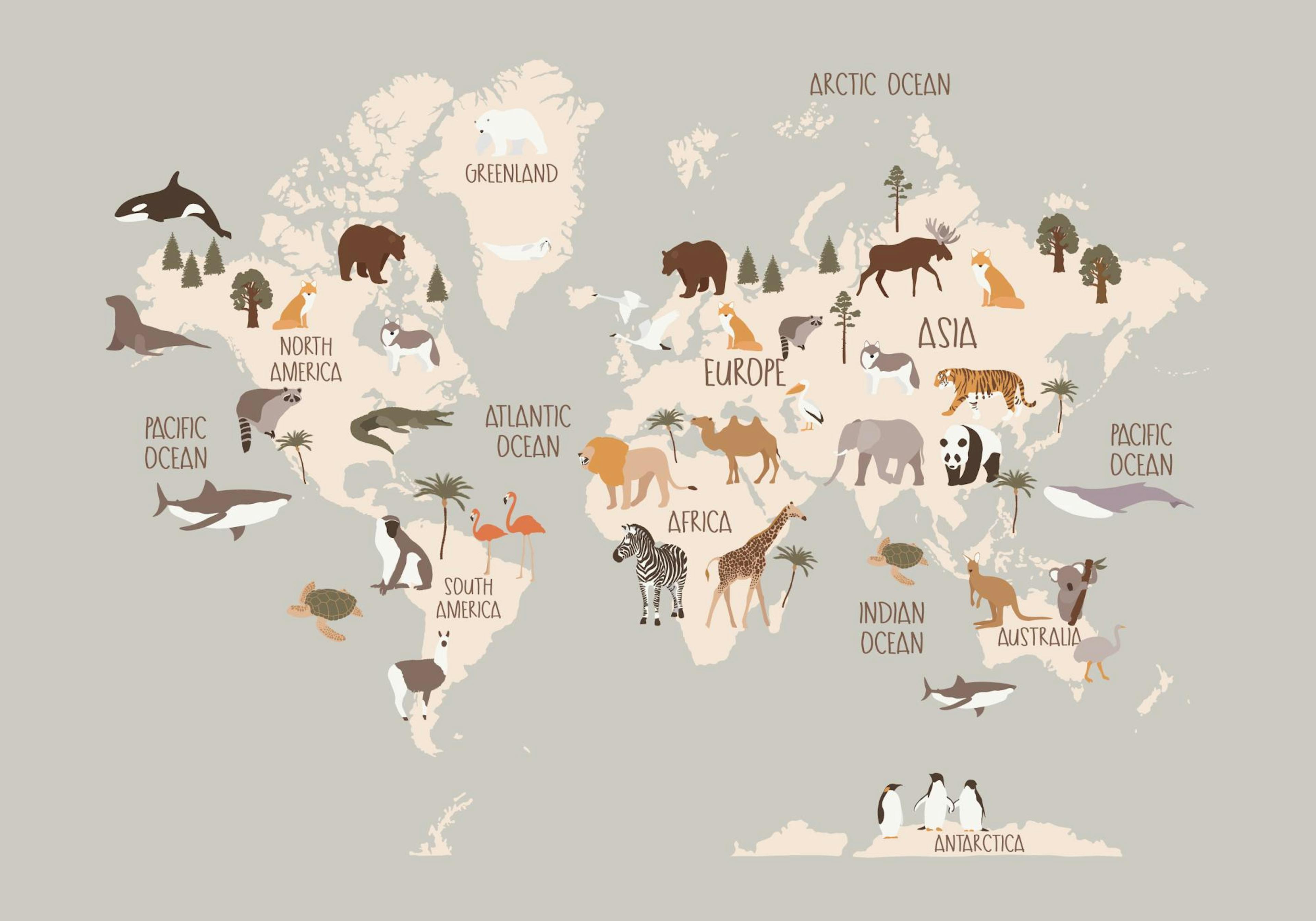 A poster of a world map with cartoon animals on a light gray background, displayed in a childs room with wooden toys and a light