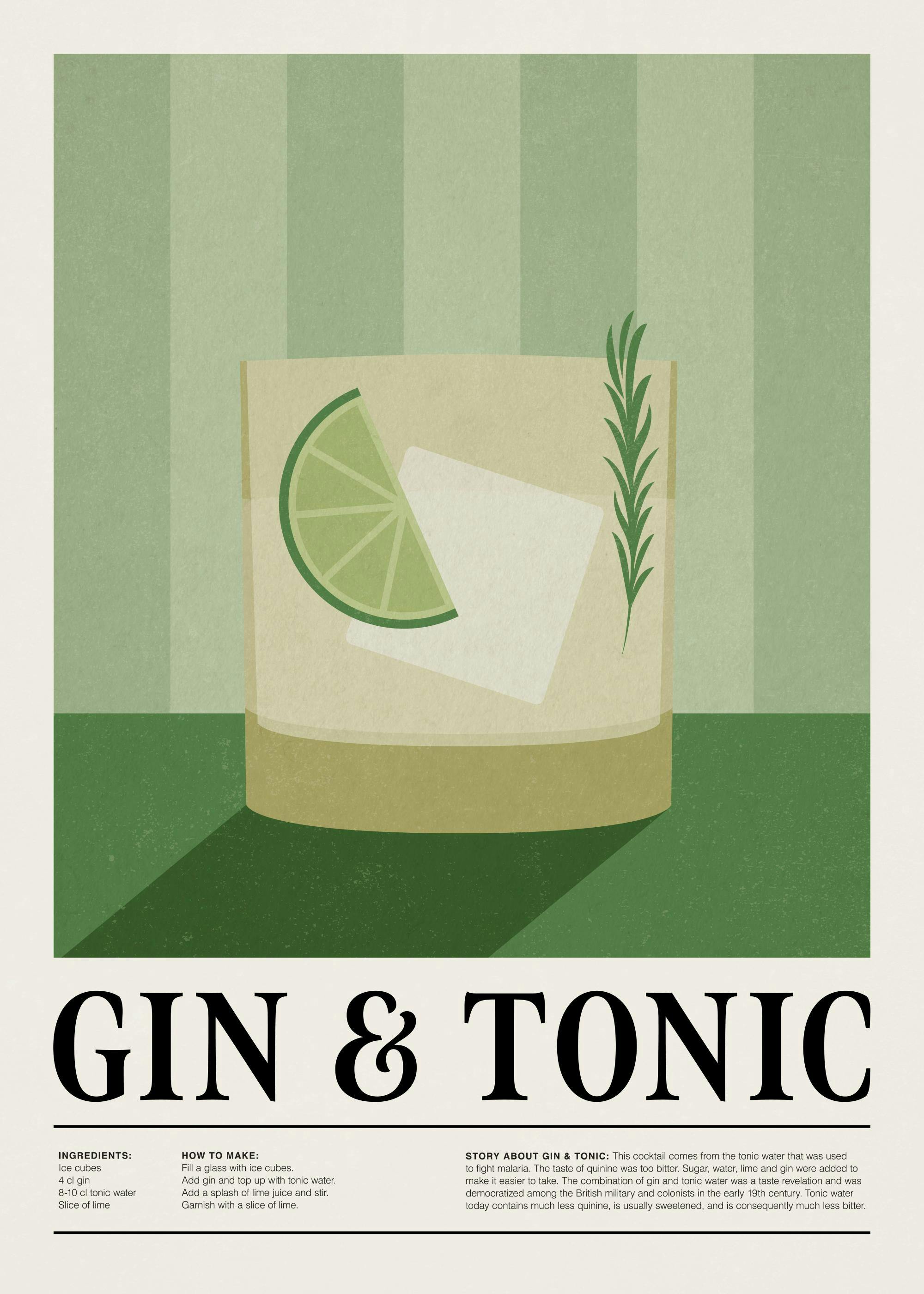 Plakat Gin & Tonic z ilustracją koktajlu, wiszący nad okrągłym stołem z obrusem i książką, w minimalistycznym wnętrzu.