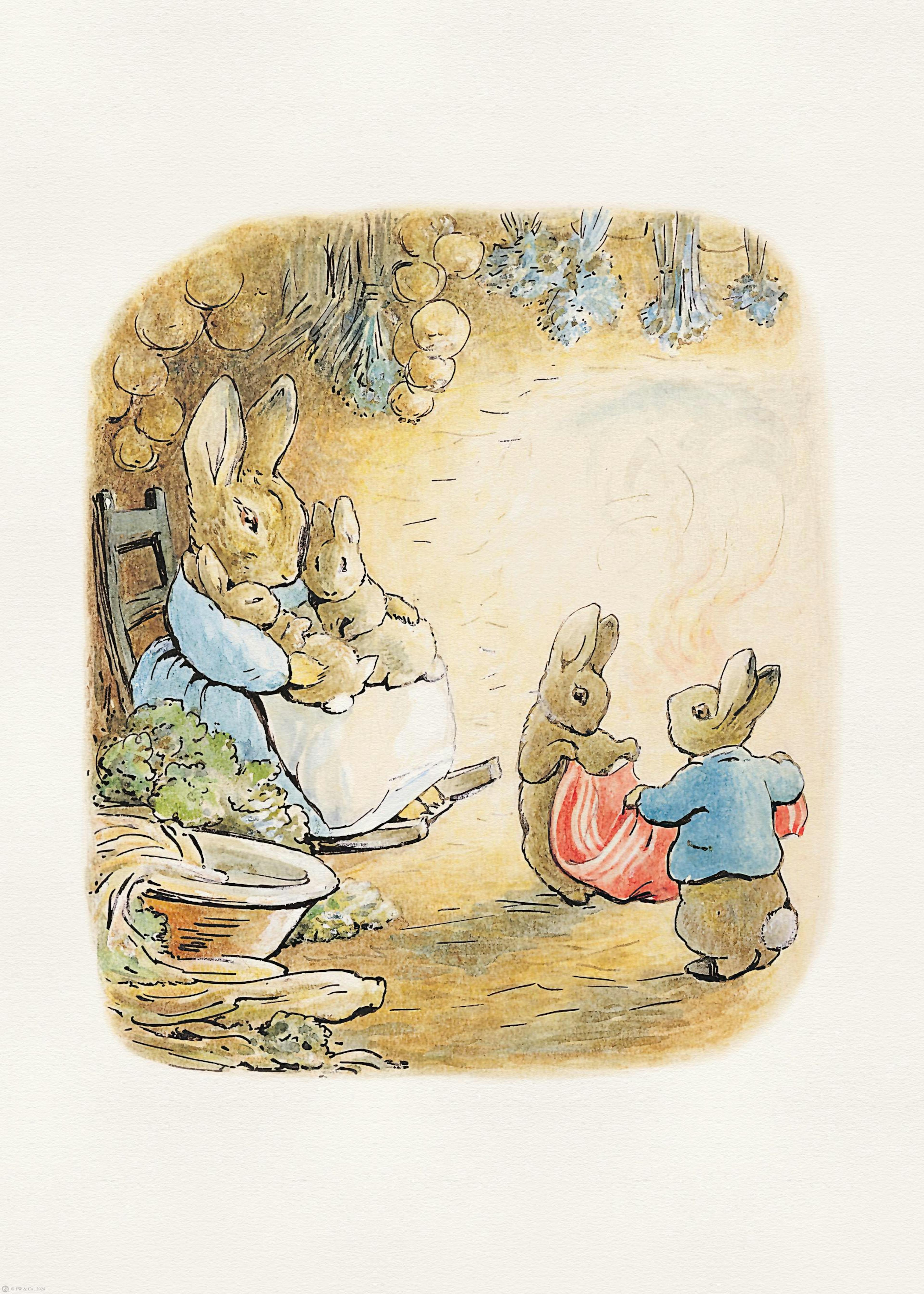 Nyúlcsalád, anya és gyerekek, Peter Rabbit stílusú illusztrációja, falon lógva egy gyerekszobában, játékokkal az asztalon.